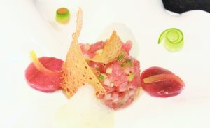 Tuna tartar with marinated eggplant, green tomatoes and spicy cucumber bubbles (2)
